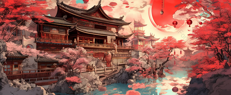 国风山水建筑日落余晖红色天空传统建筑斗拱古典插画,插画/手绘图,插画/手绘图库,插画/手绘图下载,插画/手绘